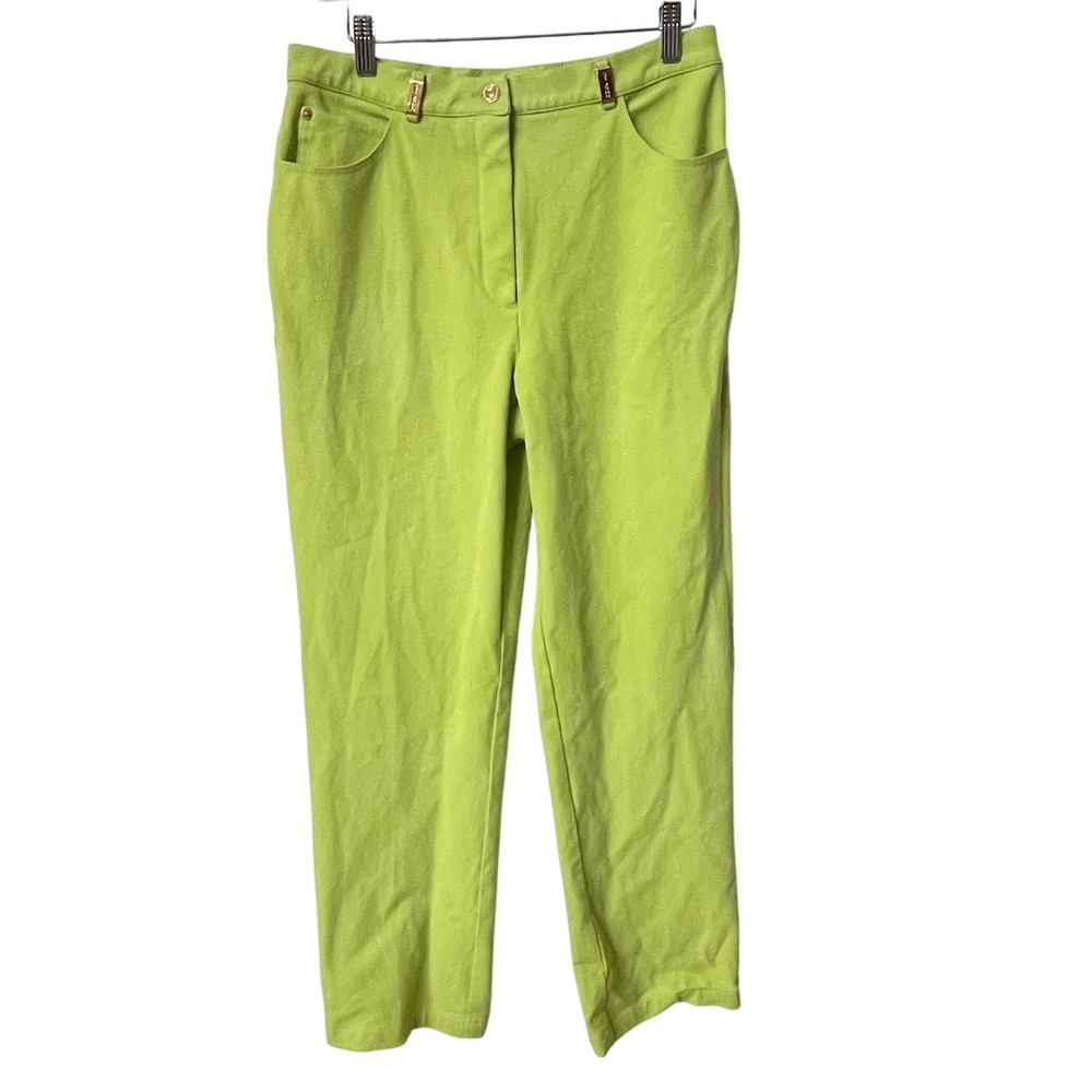 St. John Lime Green Stretchy Denim Pants Gold Logo Detail Women's SZ. 10, preppy